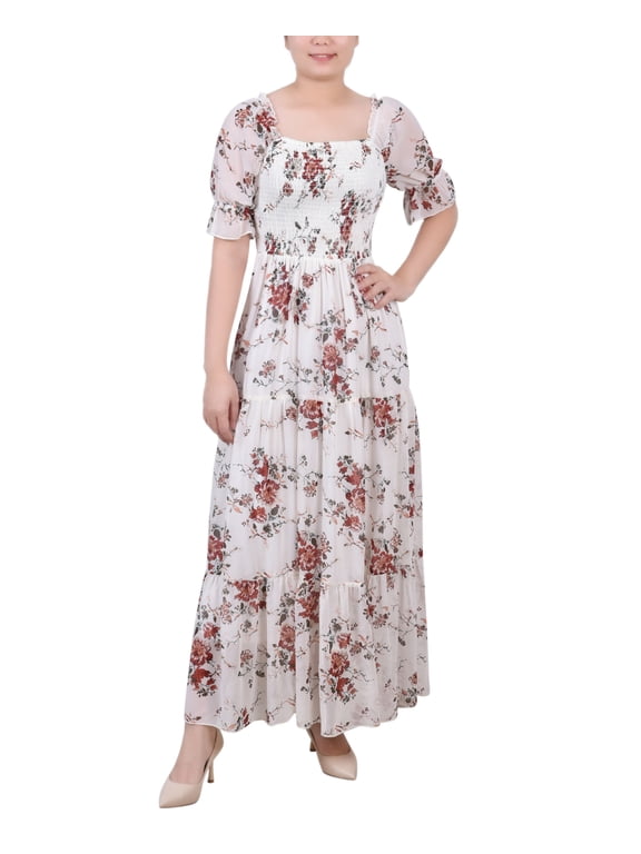 Petite Short Sleeve Smocked Maxi Dress Ivory Floral PS