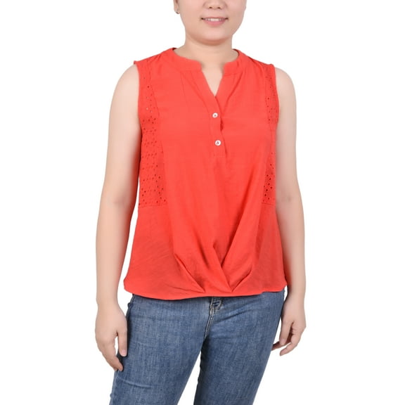 NY Collection Petite Sleeveless Blouse With Eyelet Insets