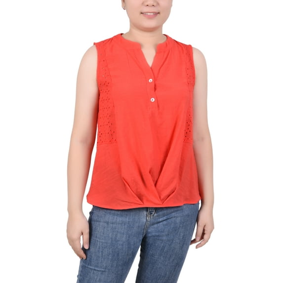 NY Collection Petite Sleeveless Blouse With Eyelet Insets