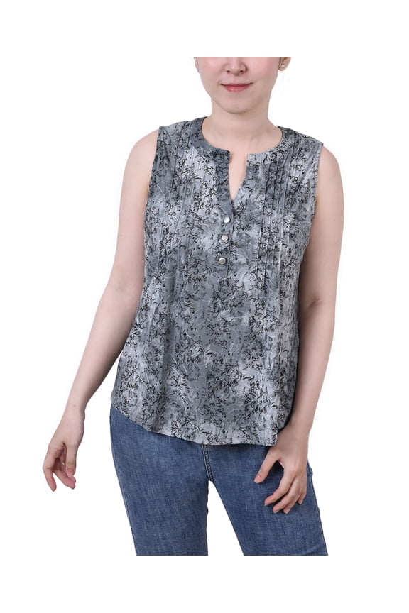 Petite Sleeveless Jacquard Y Neck Top Gray Floral PL