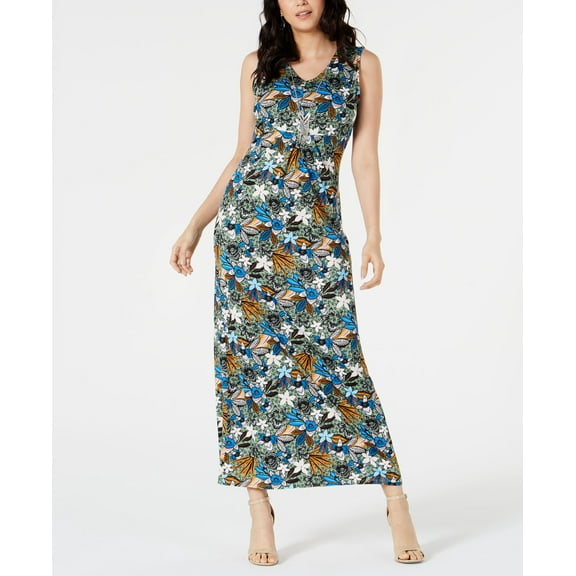 NY Collection Petite Sleeveless V Neck Maxi Dress Sage Norigarden PS