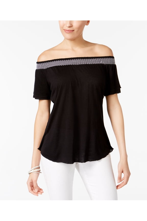Petite Smocked Off The Shoulder Top Black PXL