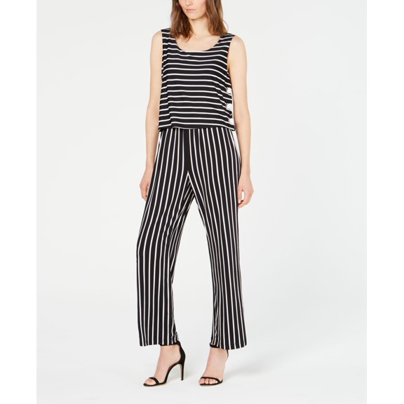 NY Collection Petite Striped Lace Up Jumpsuit Black Wireless PL