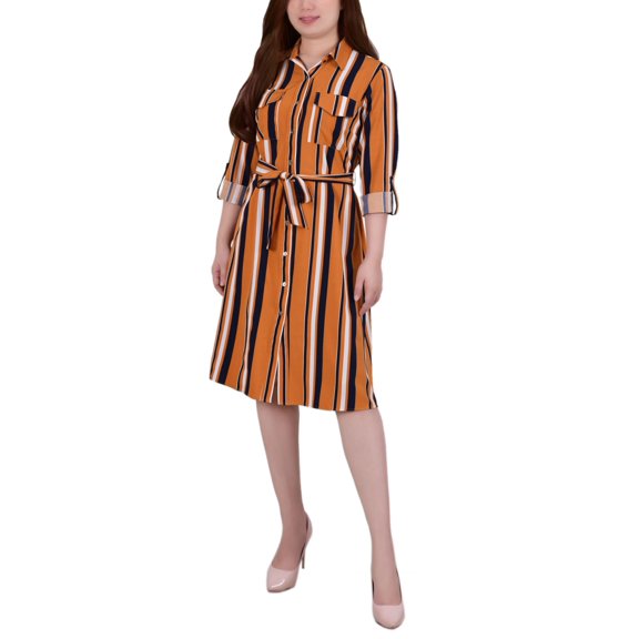 NY Collection Petite Striped Roll Tab Shirt Dress Mustard Stripe PXL