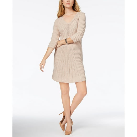 NY Collection Petite V Neck Cable Knit Sweater Dress Noreen PM