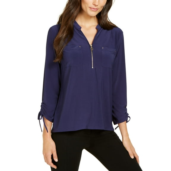 NY Collection Petite Zip Neck Tie Cuff Top Navy PS