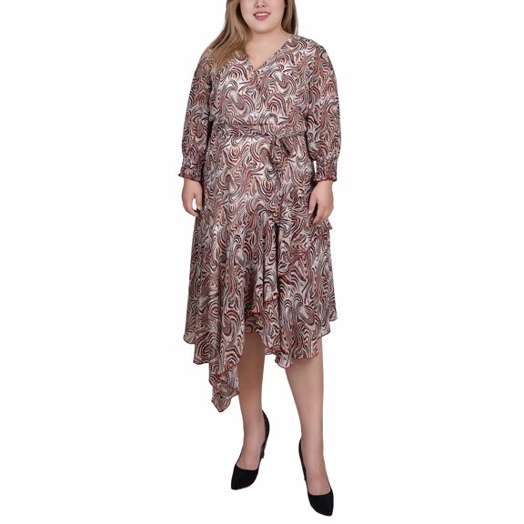 NY Collection Plus Size 3/4 Sleeve Belted Chiffon Hankerchief Hem Dress