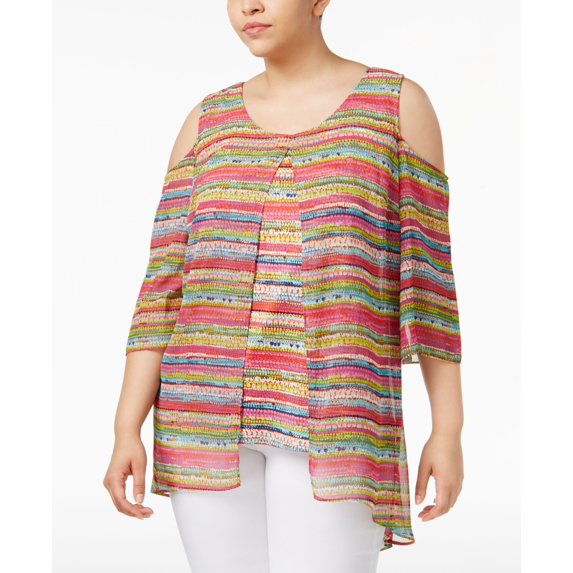 NY Collection Plus Size Cold Shoulder Printed Tunic Pink Speckleroa 3X