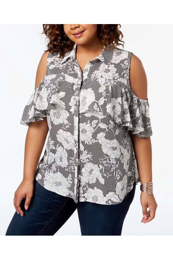 Plus Size Cold Shoulder Ruffle Shirt Black/White 3X