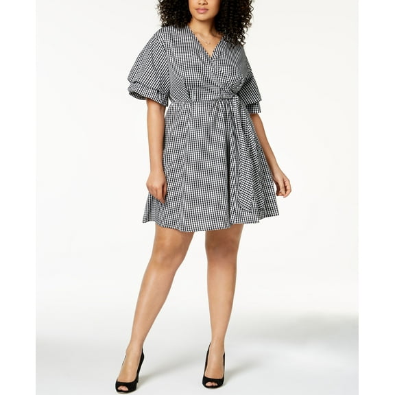 NY Collection Plus Size Cotton Gingham Wrap Dress Black Chesser 1X