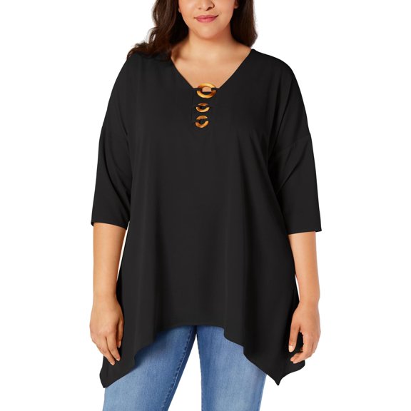 NY Collection Plus Size Handkerchief-Hem Hardware Tunic (Black, 1X)