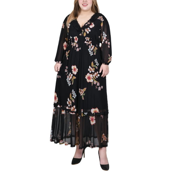 NY Collection Plus Size Long Sleeve Mesh Maxi Dress