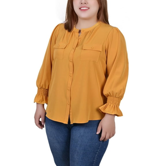NY Collection Plus Size Long Sleeve Y Neck Blouse