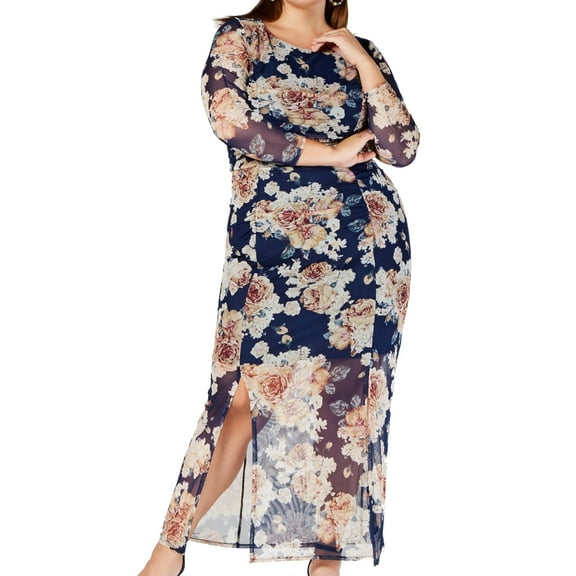 NY Collection Plus Size Printed Bodycon Maxi Dress Navy 1X
