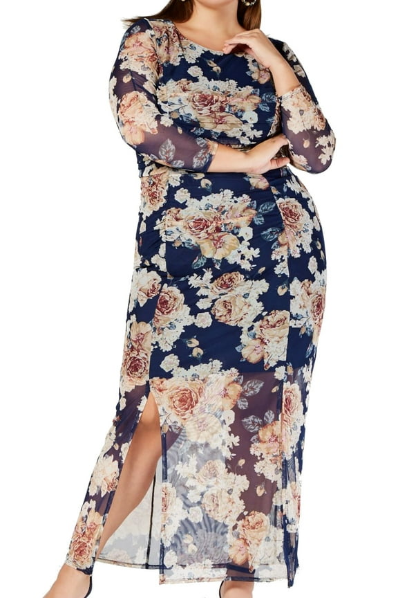 Plus Size Printed Bodycon Maxi Dress Navy 1X