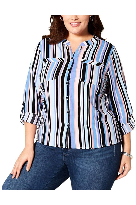 Plus Size Printed Button Front Roll Tab Shirt Blue Benavides 1X