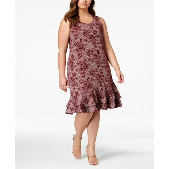 NY Collection Plus Size Printed Ruffle Hem Dress Wine Roset 1X