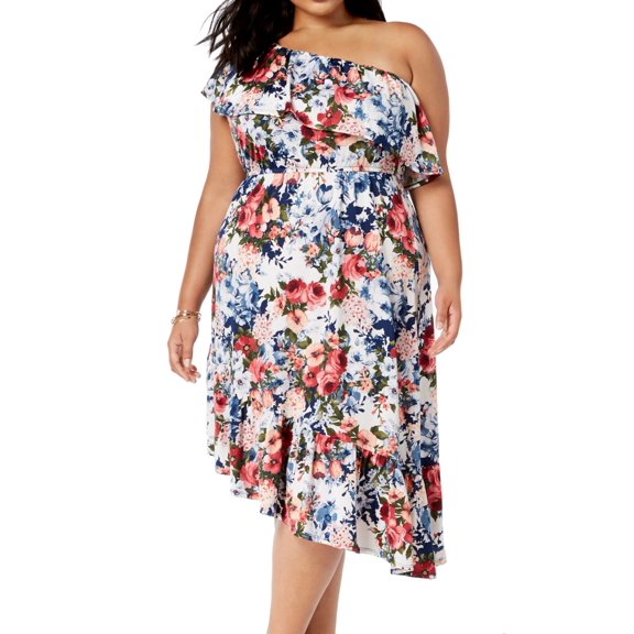NY Collection Plus Size Ruffed One-Shoulder Dress Navy Erinf 1X