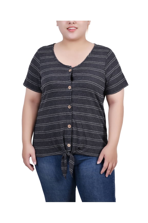 Plus Size Short Sleeve Tie Front Top Black 1X