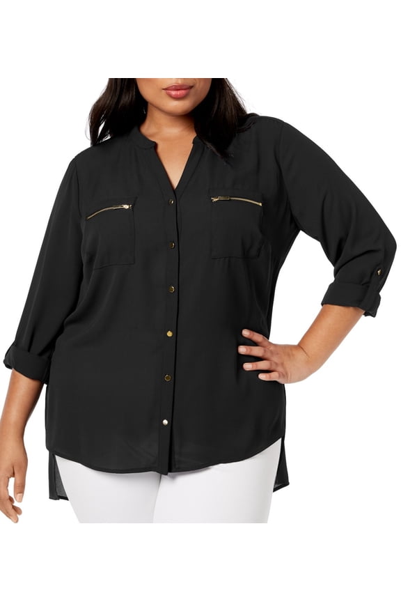 Plus Size Tab Sleeve High Low Shirt Black 2X