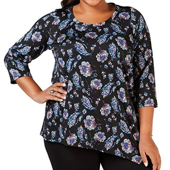 NY Collection Printed Asymmetrical-Hem Top Womens 3X Black shirt MSRP $48