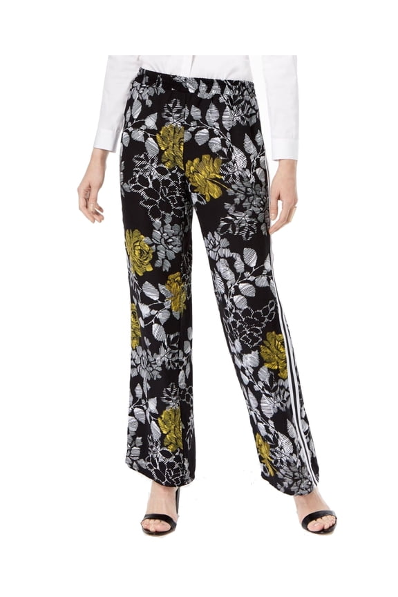 Printed Striped Wide Leg Pants Black Fan Floral M