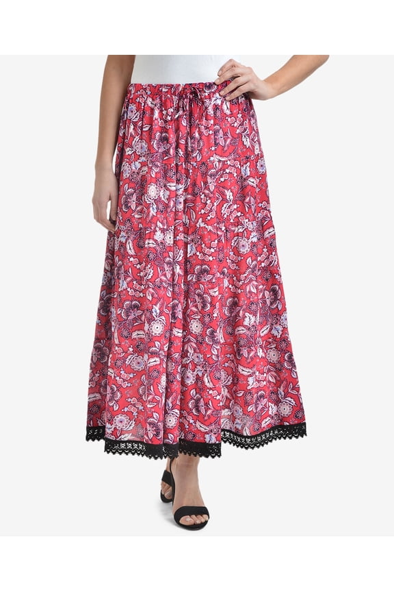 Printed Tiered Crochet Trim Midi Skirt Red Roxyyard XL