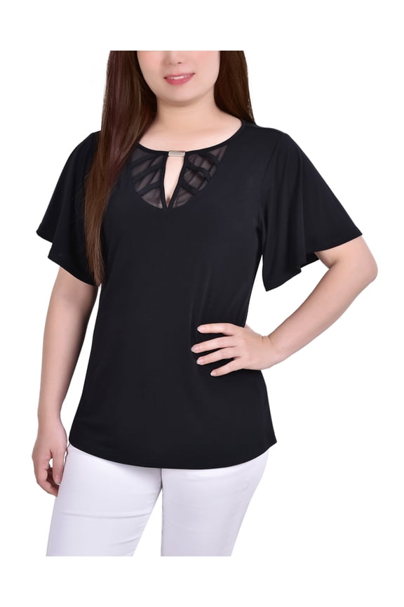 Short Flutter Sleeve Top With Mesh Inset and Neck Hardware