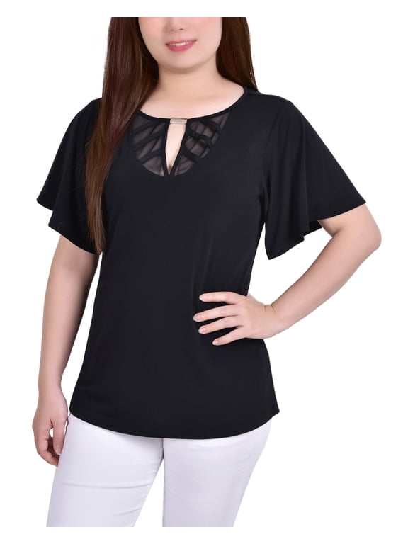 Short Flutter Sleeve Top With Mesh Inset and Neck Hardware