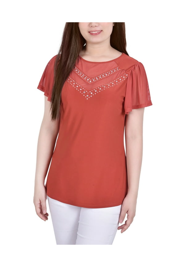 Studded Short Flutter Sleeve Top With Mesh Details