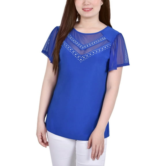 NY Collection Studded Short Flutter Sleeve Top With Mesh Details