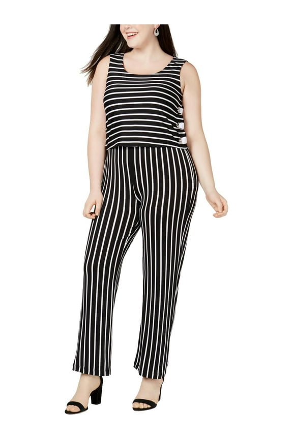 Women’s Plus Size Black/White Striped Side Lace Up Jumpsuit, Black, 2XP