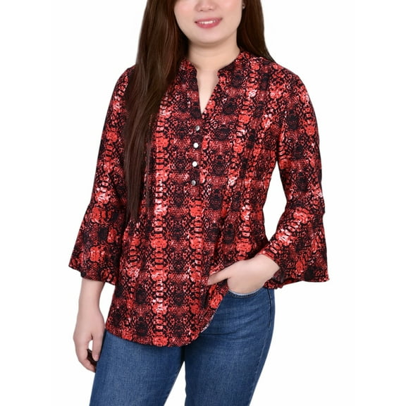 NY Collection Women's 3/4 Bell Sleeve Pleat Front Y Neck Top