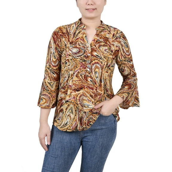 NY Collection Women's 3/4 Bell Sleeve Pleat Front Y Neck Top