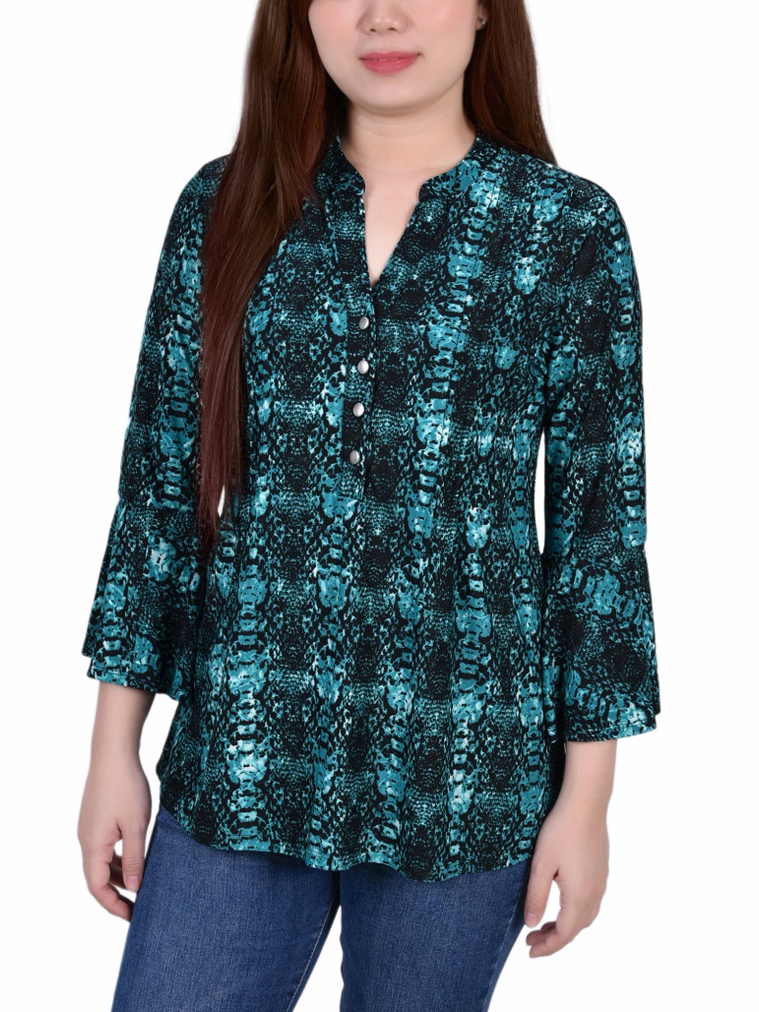 Yellow Tiedye 3/4 Bell Sleeve Pleat Front Y Neck Top - Petite main image 0