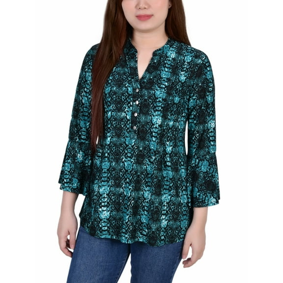 NY Collection Women's 3/4 Bell Sleeve Pleat Front Y Neck Top