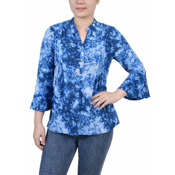 NY Collection Women's 3/4 Bell Sleeve Pleat Front Y Neck Top