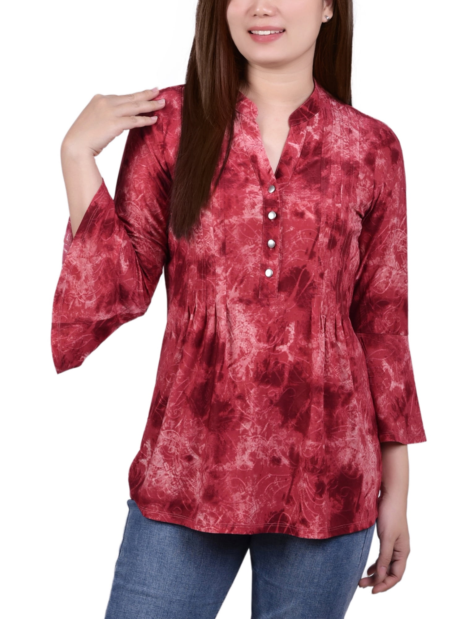 NY Collection Women's 3/4 Bell Sleeve Pleat Front Y Neck Top - Walmart.com