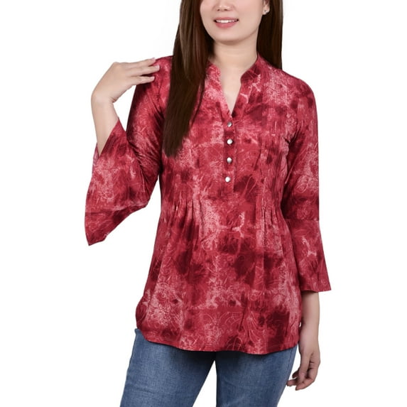 NY Collection Women's 3/4 Bell Sleeve Pleat Front Y Neck Top