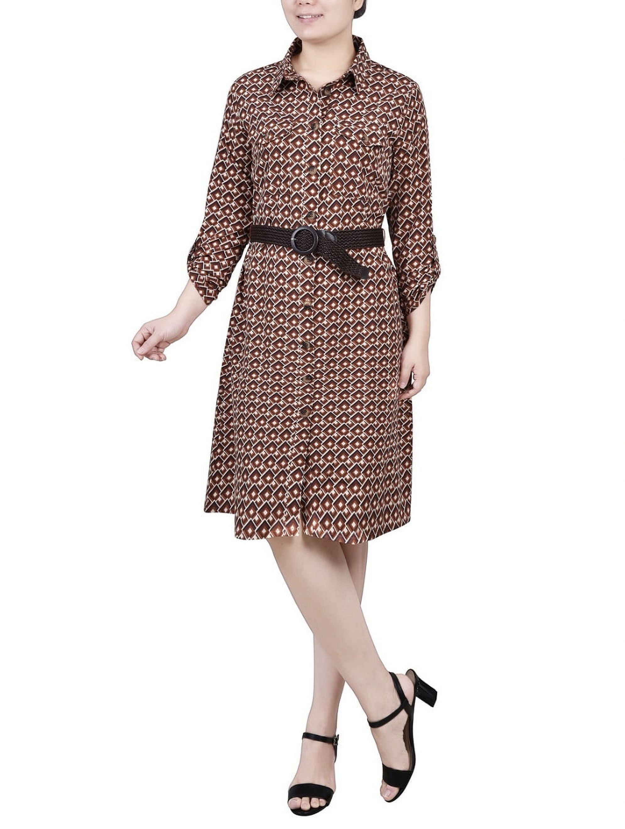 NY Collection Women's 3/4 Roll Tab Sleeve Shirt Dress Petite Size PM