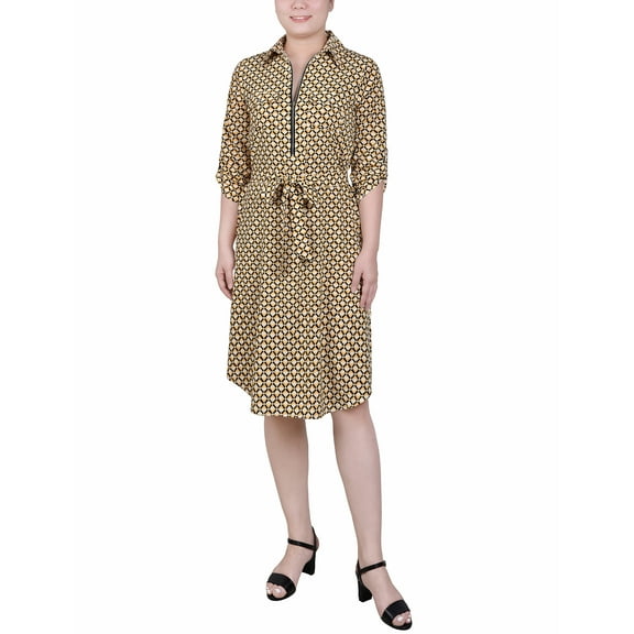 NY Collection Women's 3/4 Roll Tab Sleeve Zippered Shirtdress