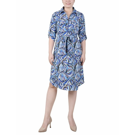 NY Collection Women's 3/4 Roll Tab Zip Front Shirtdress