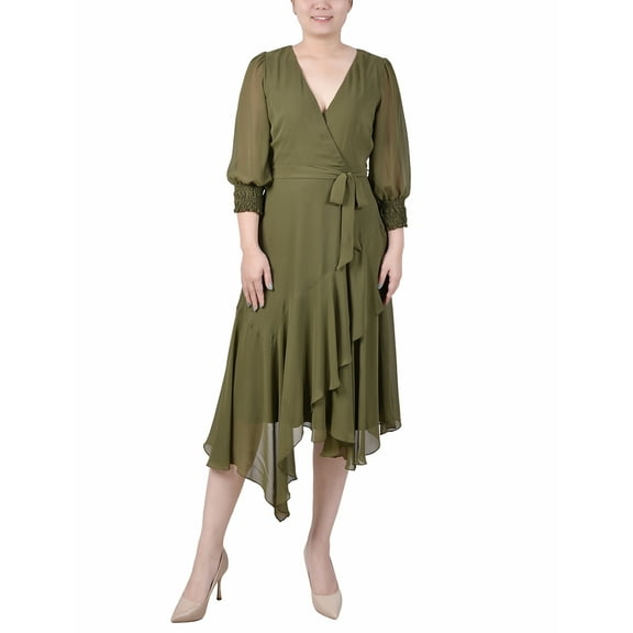 NY Collection Women's 3/4 Sleeve Belted Chiffon Hankerchief Hem Dress