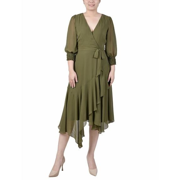 NY Collection Women's 3/4 Sleeve Belted Chiffon Hankerchief Hem Dress