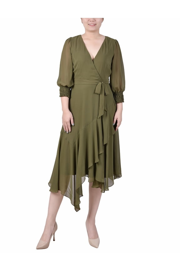 Women's 3/4 Sleeve Belted Chiffon Hankerchief Hem Dress