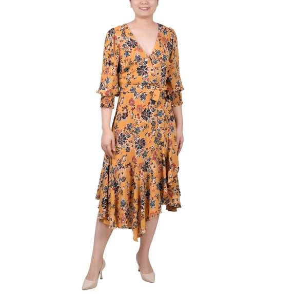 NY Collection Women's 3/4 Sleeve Belted Chiffon Hankerchief Hem Dress