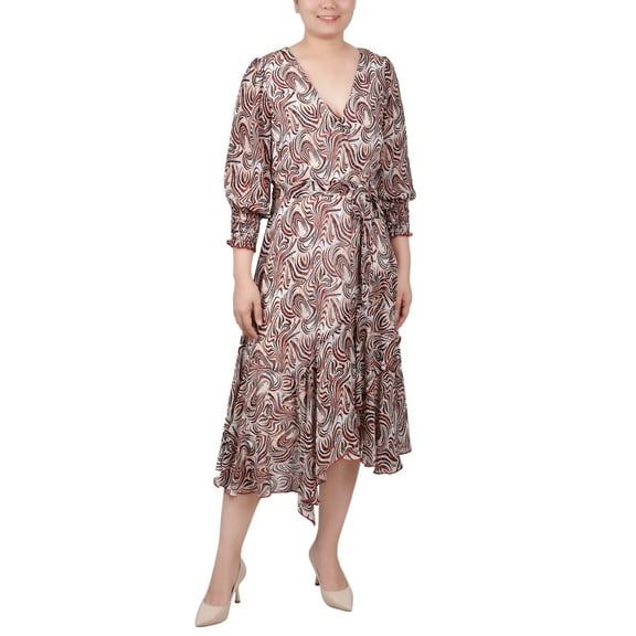 NY Collection Women's 3/4 Sleeve Belted Chiffon Hankerchief Hem Dress