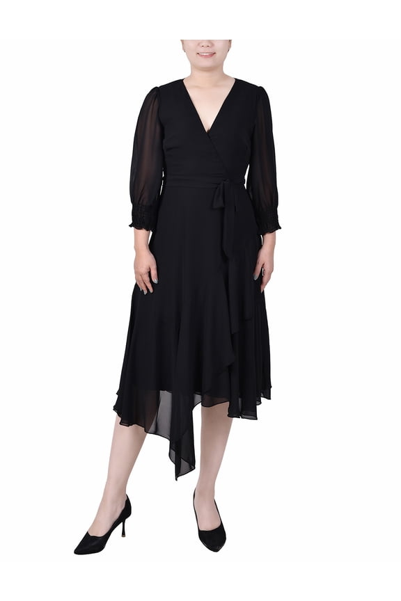 Women's 3/4 Sleeve Belted Chiffon Hankerchief Hem Dress