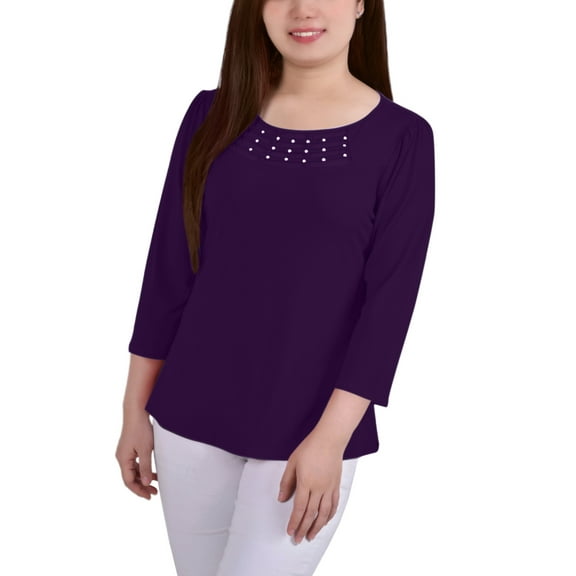 NY Collection Women's 3/4 Sleeve Crepe Knit Top Purple Petite Size PM