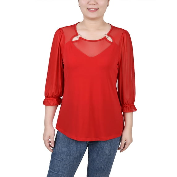 NY Collection Women's 3/4 Sleeve Ringed Top with Mesh